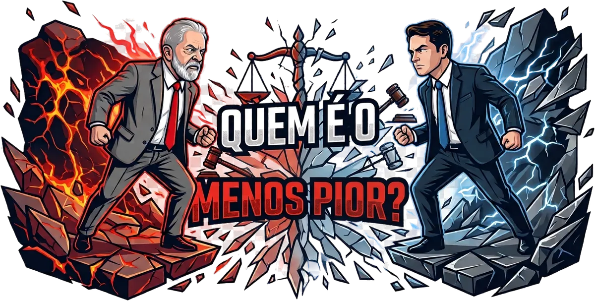 Ilustração: Lula e Flávio Bolsonaro frente a frente, com uma balança da justiça quebrada ao centro e o título Quem é o menos pior?